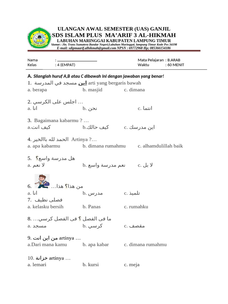 5 Contoh Soal Bahasa Arab Kelas 4 MI yang Wajib Dikuasai Sebelum Ujian 2026