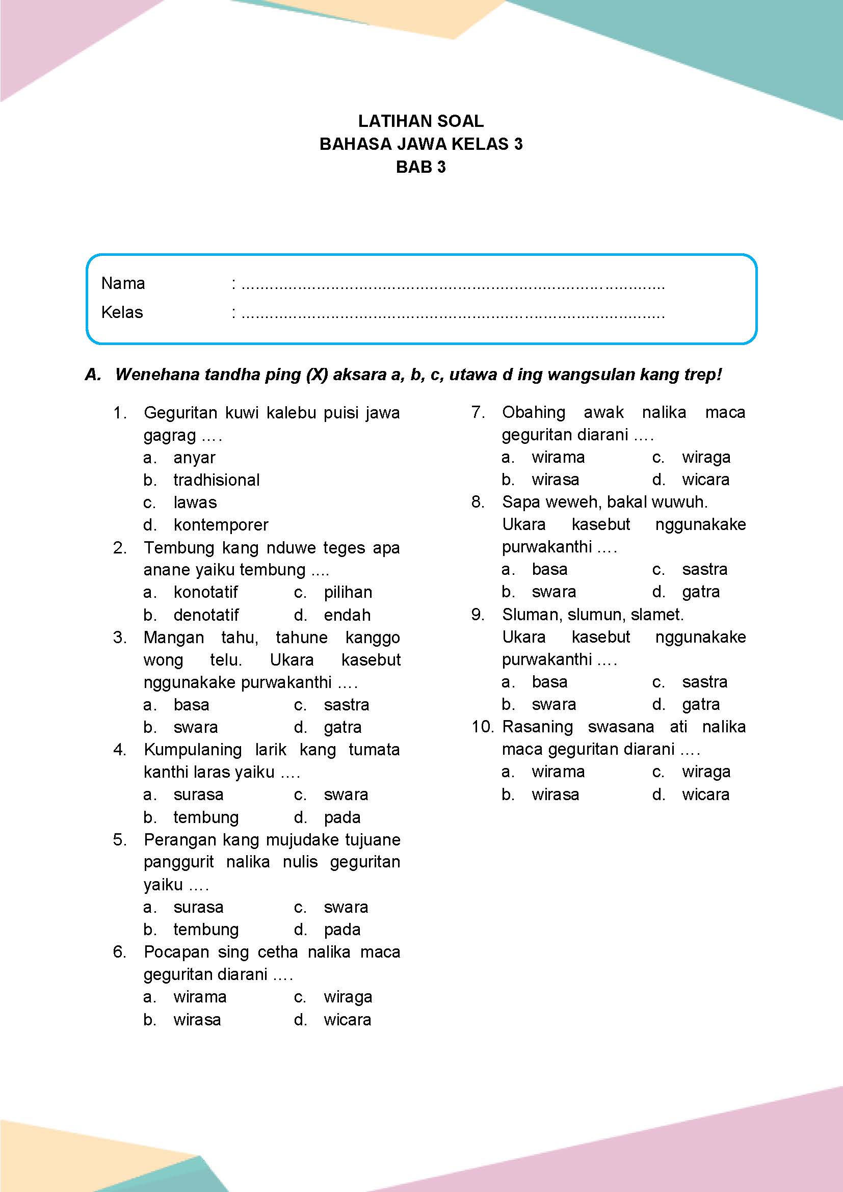 soal bahasa jawa kelas 3 sd soal bahasa jawa kelas 3 sd