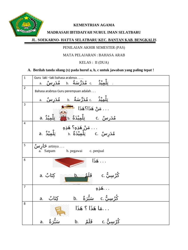 Akhirnya Terungkap 7 Contoh Soal Bahasa Arab SD Kelas 4 dan Kunci Jawaban yang Wajib Dikuasai