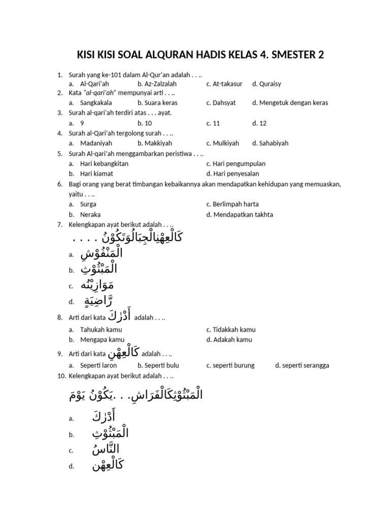 download soal alquran hadis kelas 4 semester 2