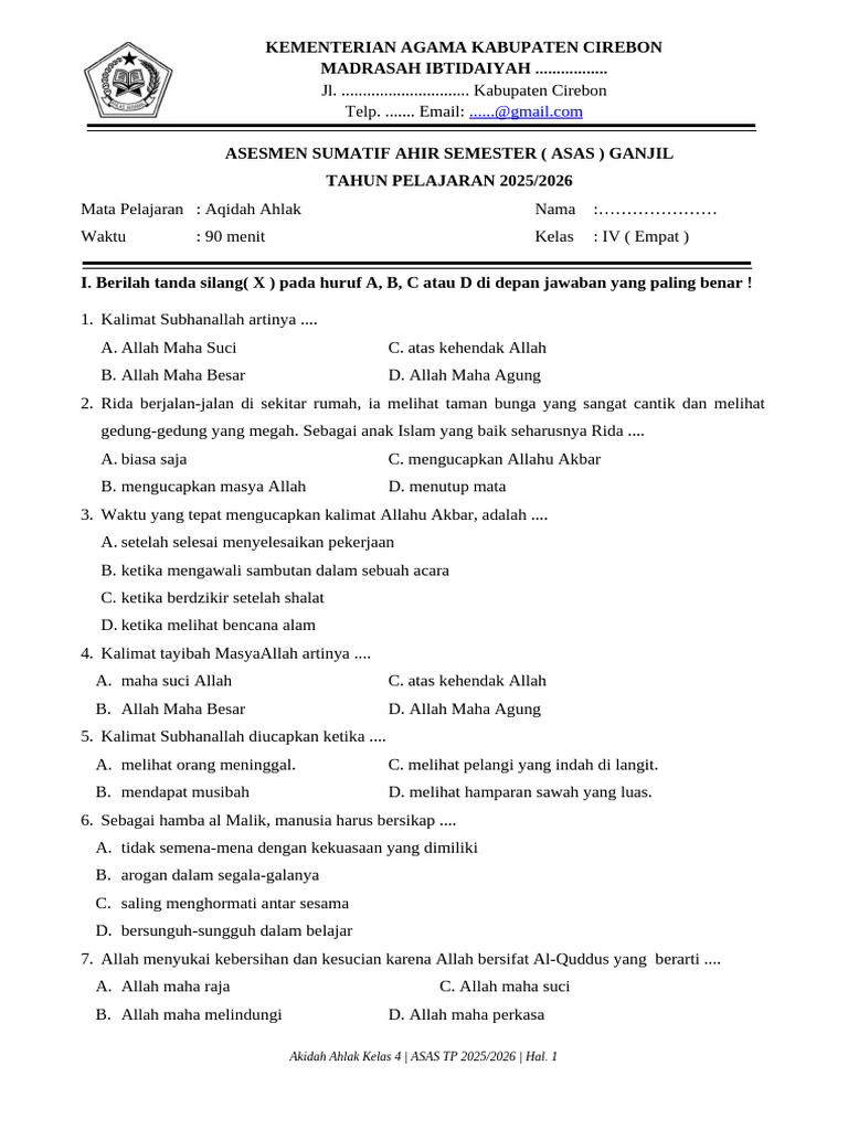 10 Soal Akidah Akhlak UAS Semester Ganjil Kelas 4 Yang Wajib Dikuasai Sebelum Terlambat