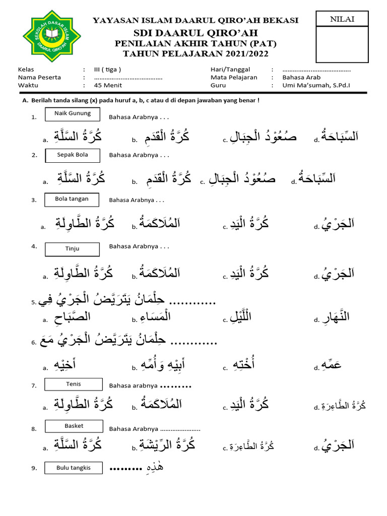 7 Contoh Soal Bahasa Arab Kelas 3 Semester 3 yang Wajib Dikuasai Siswa Sebelum Ujian