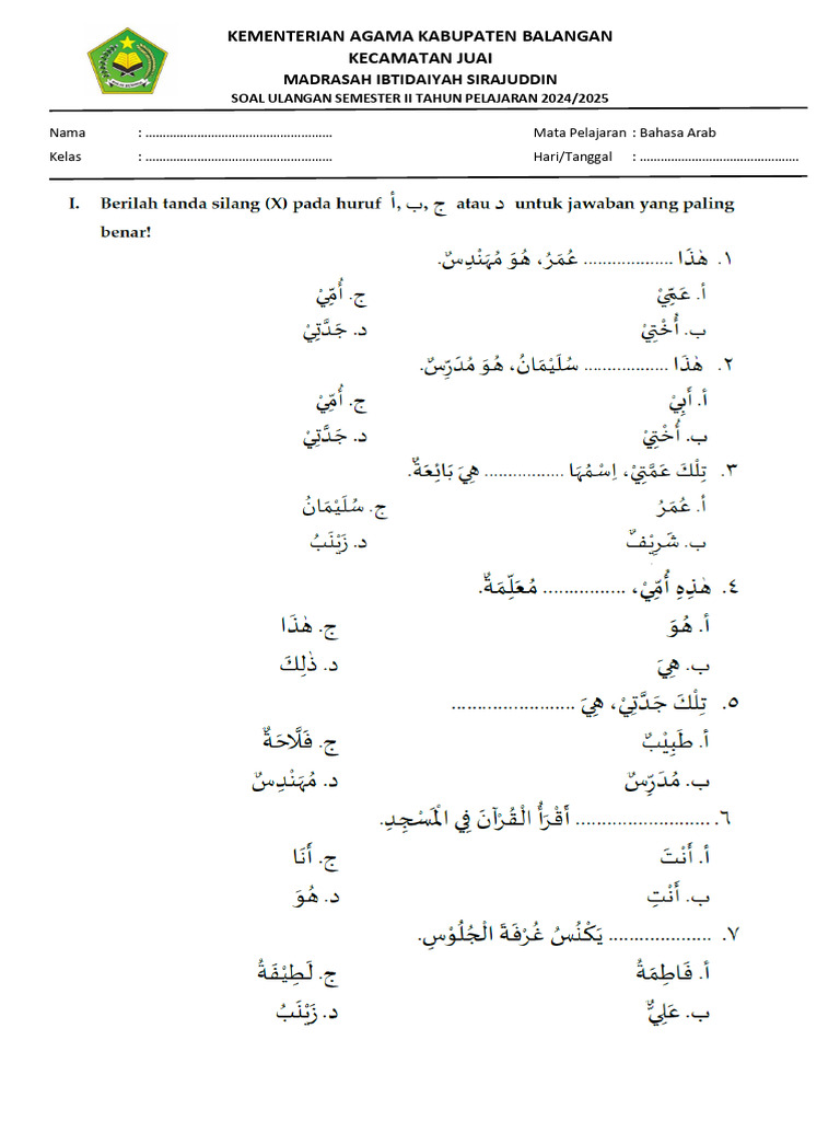 7 Contoh Soal Bahasa Arab MI Kelas 4 Terbaru 2026 Beserta Kunci Jawaban yang Wajib Diketahui Siswa