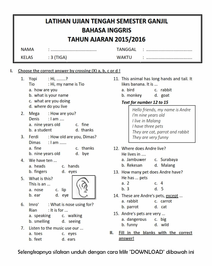 7 Rahasia Contoh Latihan Soal Bahasa Inggris UTS Semester 1 Kelas 3 yang Wajib Tahu