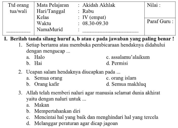 60 Contoh Soal Akidah Akhlak Kelas 4 - Berbagi Kumpulan Soal 60 Contoh Soal Akidah Akhlak Kelas 4 - Berbagi Kumpulan Soal