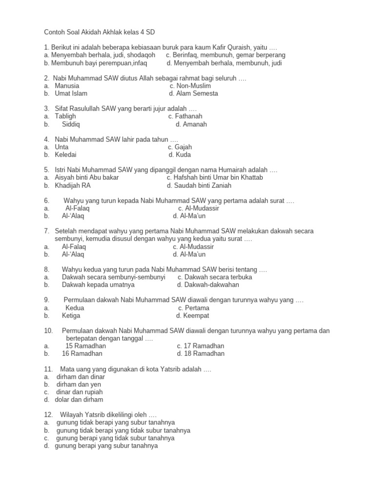 Soal Akidah Akhlak Kelas 4 SD PDF Soal Akidah Akhlak Kelas 4 SD PDF