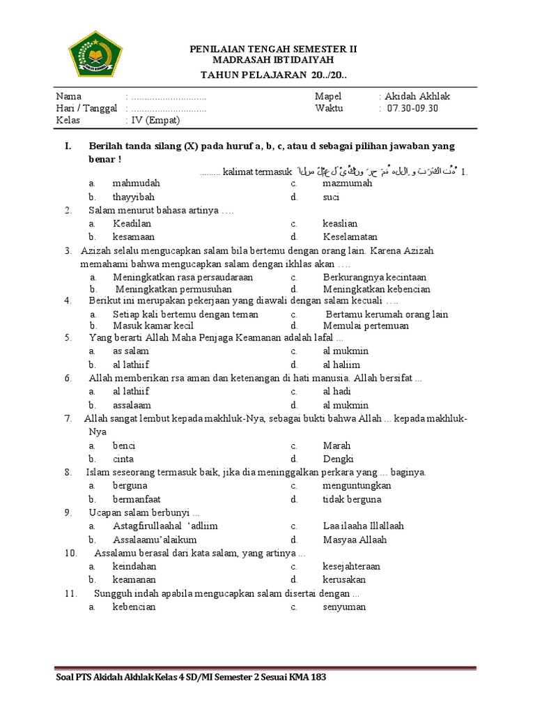 Soal PTS Akidah Akhlak Kelas 4 Semester 2 PDF Soal PTS Akidah Akhlak Kelas 4 Semester 2 PDF
