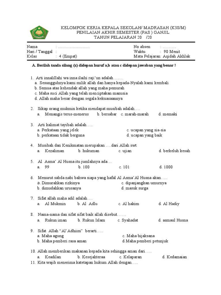 7 Tips Kerjakan Soal Akidah Akhlak Kelas 4 MI Semester 1 K13 Wajib Tahu Sebelum Ujian