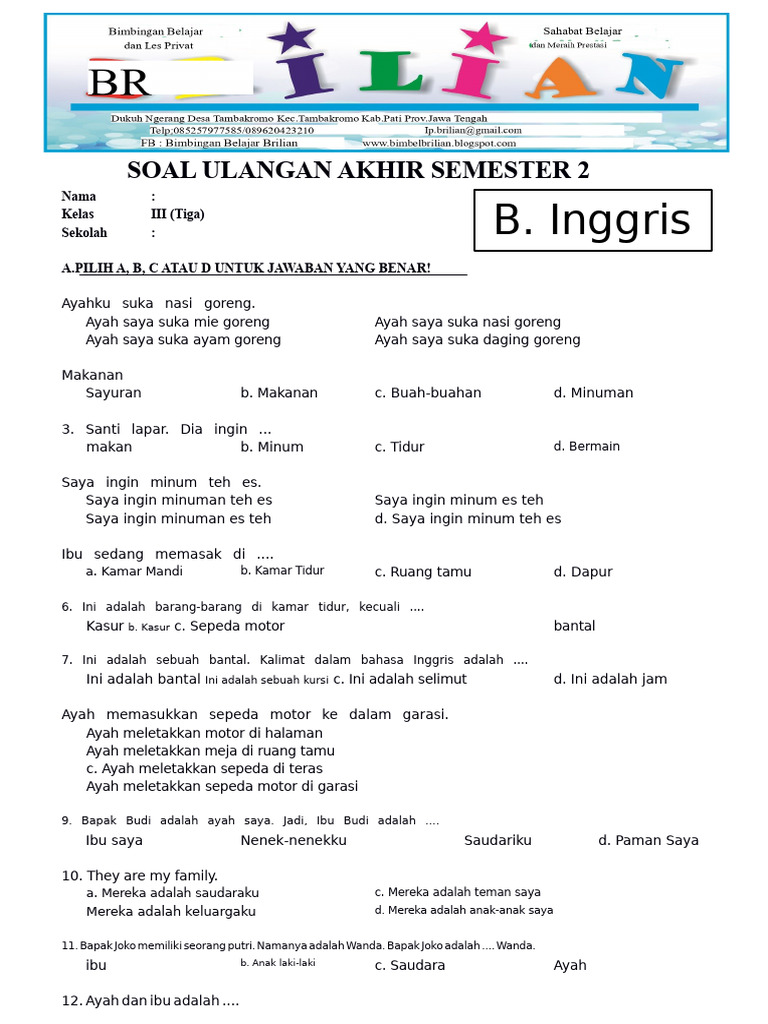 Akhirnya Kumpulan Soal Bahasa Inggris Kelas 3 SD Semester 2 KTSP yang Bikin Nilai Melonjak