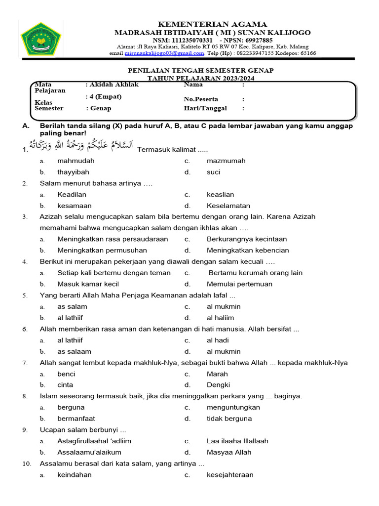 Soal Akidah Akhlak Kelas 4 Semester 2 PDF Soal Akidah Akhlak Kelas 4 Semester 2 PDF
