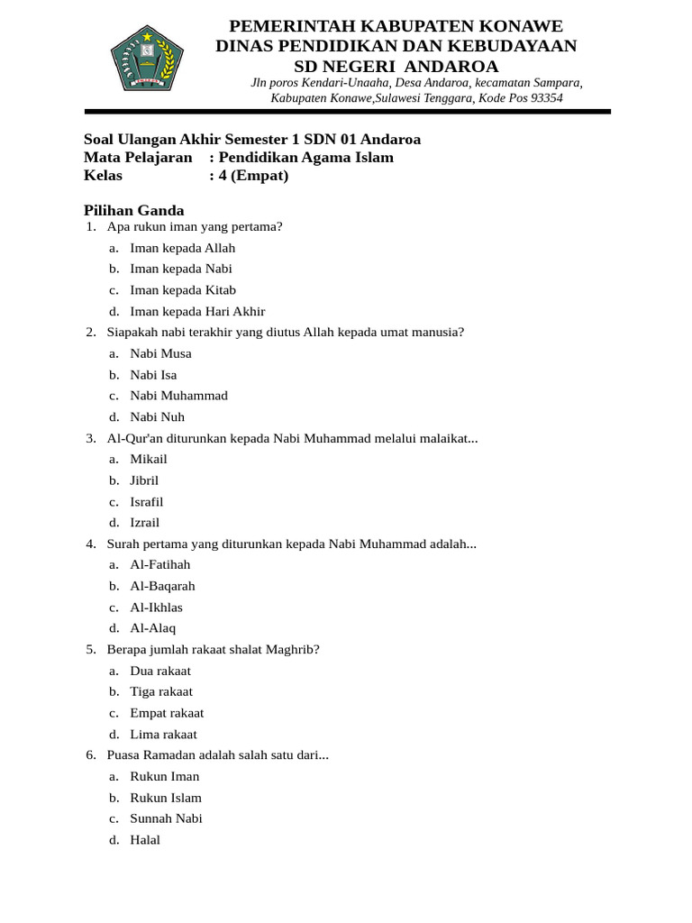 Soal Ulangan Akhir Semester 1 - 20241202 - Kelas 4 SD PDF Soal Ulangan Akhir Semester 1 - 20241202 - Kelas 4 SD PDF