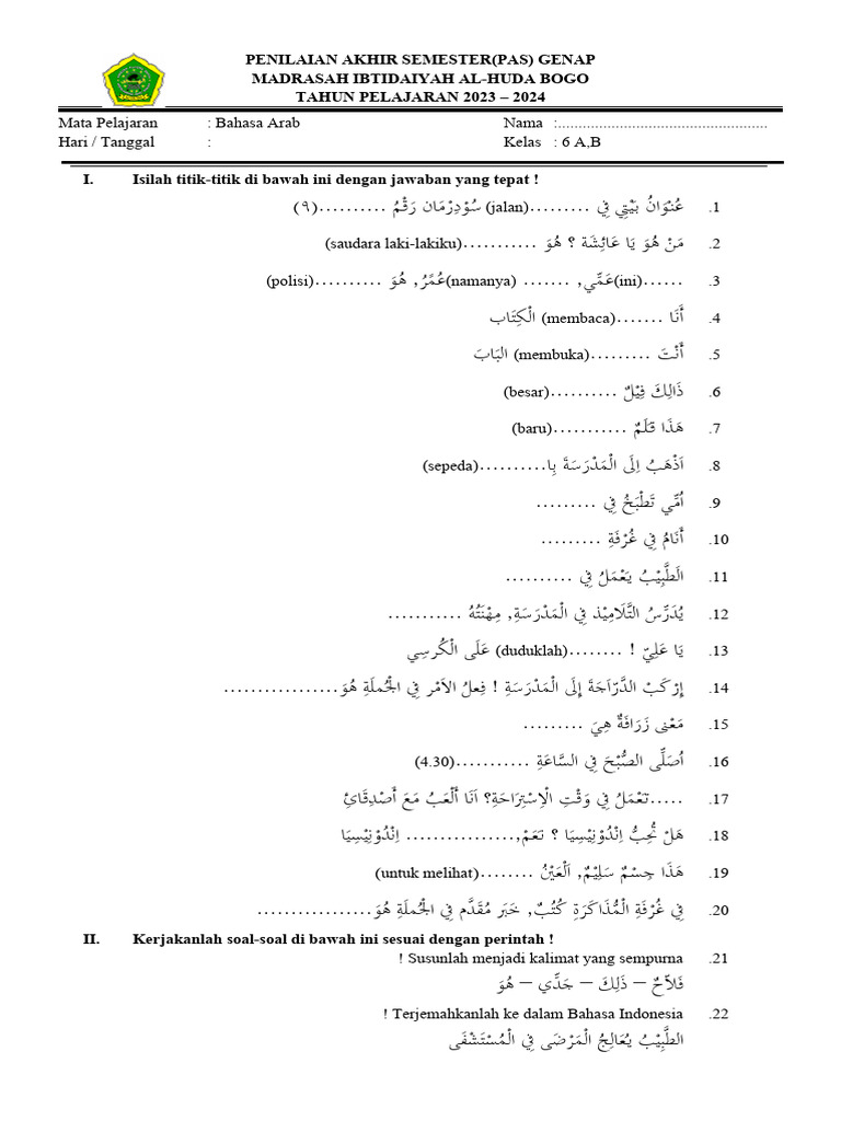 Soal Bahasa Arab Kelas 3 Semester 2 PDF Soal Bahasa Arab Kelas 3 Semester 2 PDF