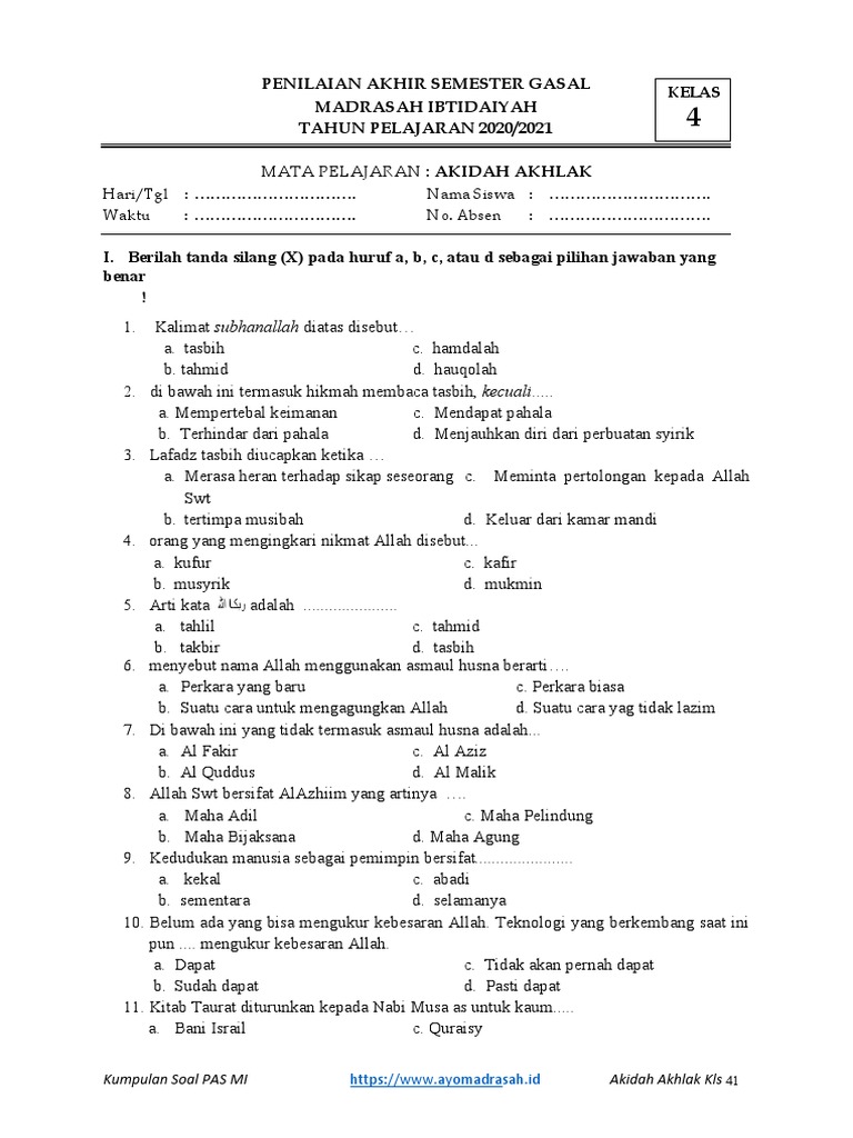 Soal Akidah Akhlak Kelas 4 Semester 2 PDF Soal Akidah Akhlak Kelas 4 Semester 2 PDF