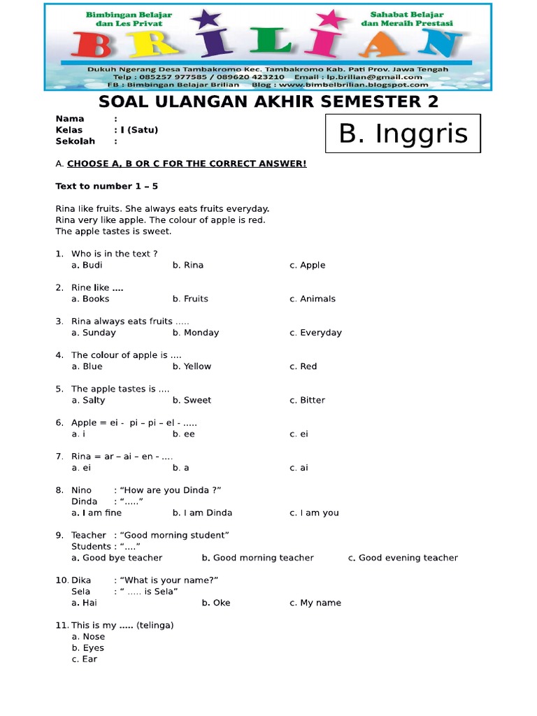 Terbukti! Kumpulan Soal Bahasa Inggris Kelas 3 SD Semester 1 yang Bikin Anak Cepat Paham