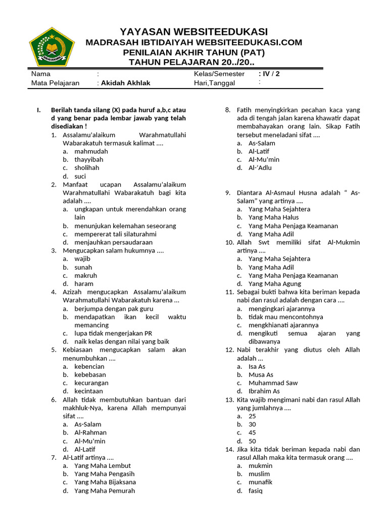 Soal PAT Kelas 4 - Akidah Akhlak PDF Soal PAT Kelas 4 - Akidah Akhlak PDF