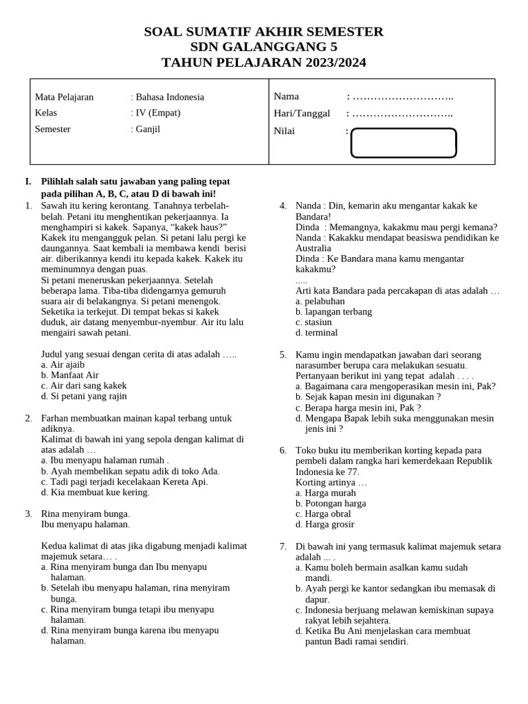 Soal Bahasa Indonesia Kelas IV SD 2023 PDF Soal Bahasa Indonesia Kelas IV SD 2023 PDF