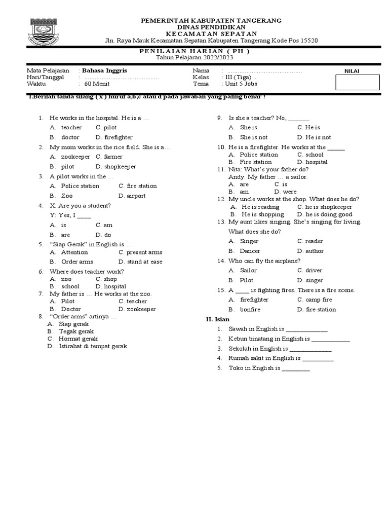 Soal Bahasa Inggris Kelas 3 Profesi PDF