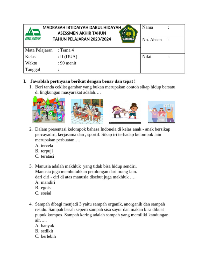 download soal bahasa indonesia tema 4 kelas 2 sd