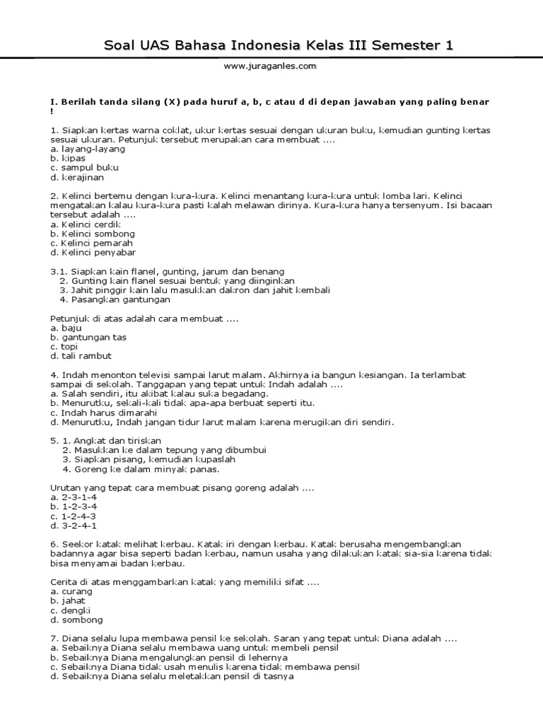 kumpulan soal bahasa indonesia uas kelas 3 sekolah dasar pdf