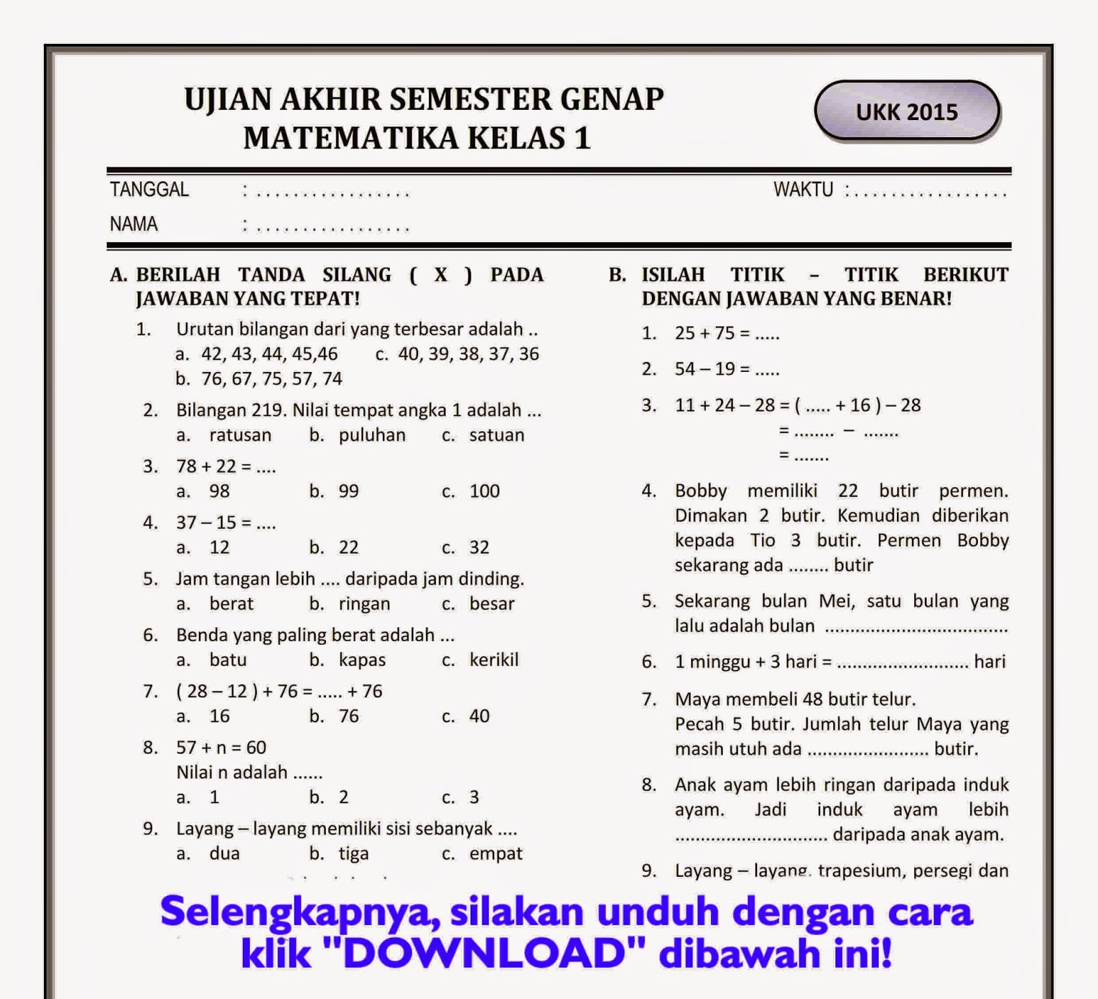 7 Contoh Latihan Soal Matematika Kelas 1 Kurikulum 2013 yang Bikin Anak Pasti Paham