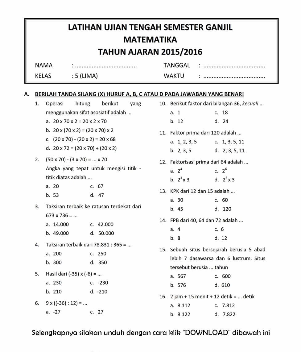 Terbukti 5 contoh latihan soal uas matematika kelas 5 sd semesteer 1 yang Wajib Dikuasai