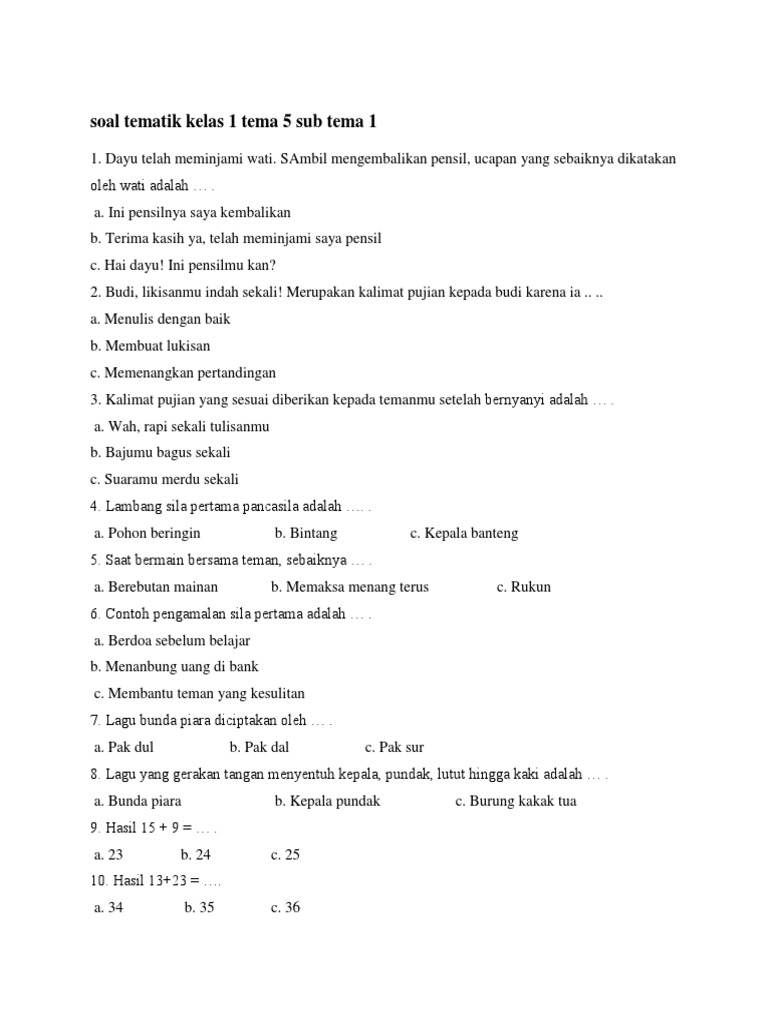Wajib Tahu! Ini Contoh Latihan Soal Tematik Tema 5 Kelas 1 SD Agar Anak Makin Pintar